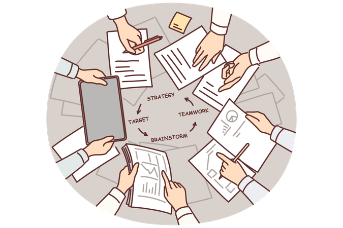 Hands of people over table with documents doing teamwork and strategizing during brainstorming  Illustration