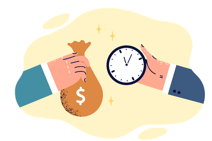 Hands of people with bag of money and watch as metaphor for exchange of time for salary  Illustration