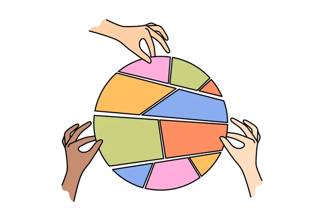 Hands of people with business diagram made from pieces and doing team work together with colleagues  Illustration