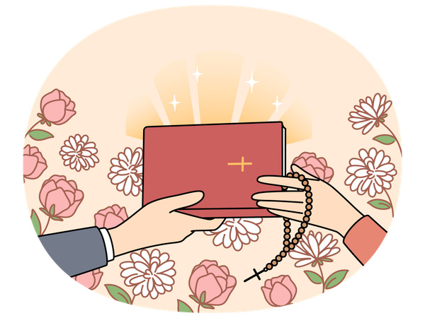 Hands of people with christian bible near flowers, during exchange of religious literature  Illustration