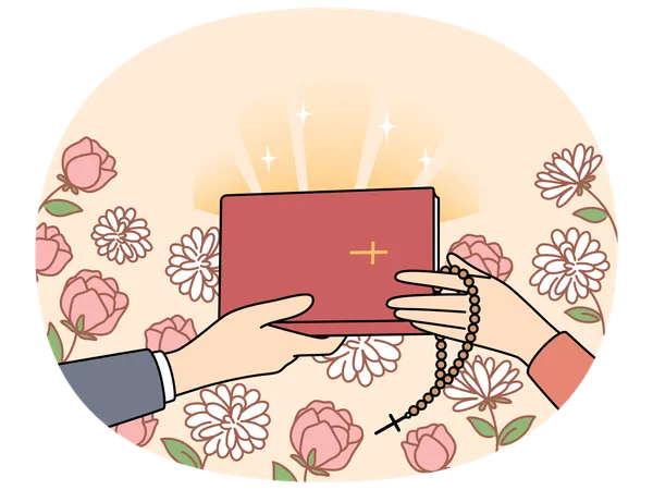 Hands of people with christian bible near flowers, during exchange of religious literature  Illustration