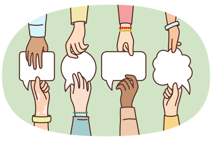Hands of people with dialogue bubbles symbolizes negotiations with aim of making joint decision  Illustration