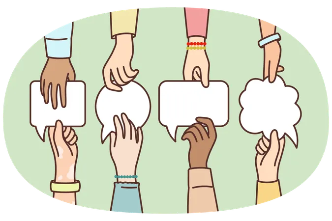 Hands of people with dialogue bubbles symbolizes negotiations with aim of making joint decision  Illustration