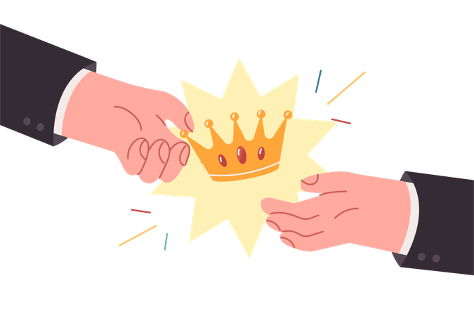 Hands of people with golden crown handing over trophy to winner of business competition  Illustration