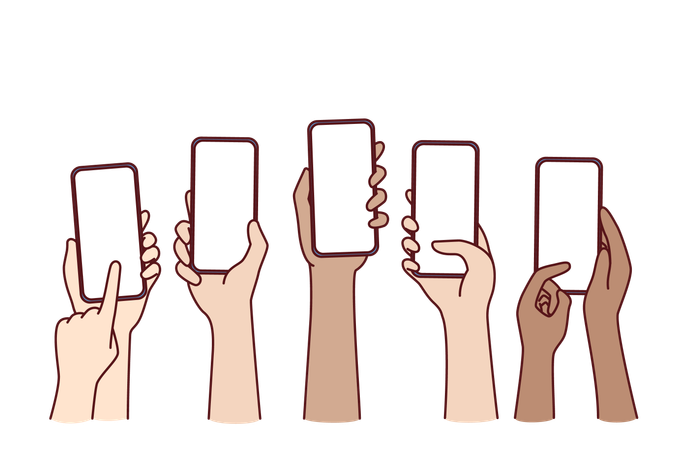 Hands of people with mobile phones  イラスト