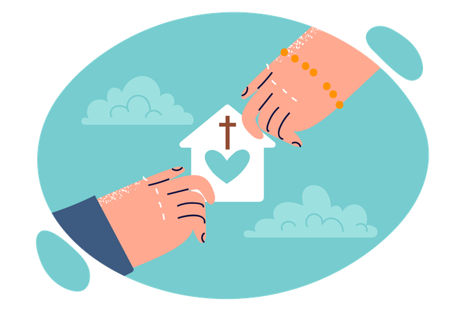 Hands of people with symbol of christian charity in shape of house with heart and catholic cross  Illustration