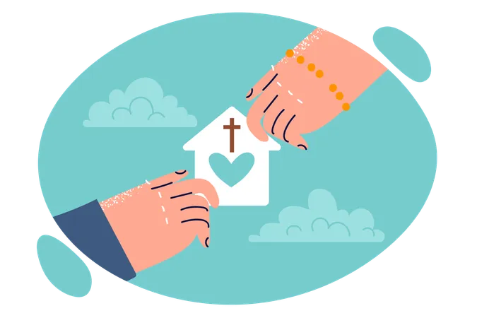 Hands Of People With Symbol Of Christian Charity In Shape Of House With Heart And Catholic Cross Concept Of Christian Shelter To Help Those In Need Or Volunteer Help From Church Workers 일러스트레이션