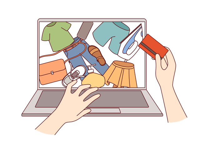 クレジットカードを利用してインターネットでオンラインショッピングや服の注文をする人の手  イラスト
