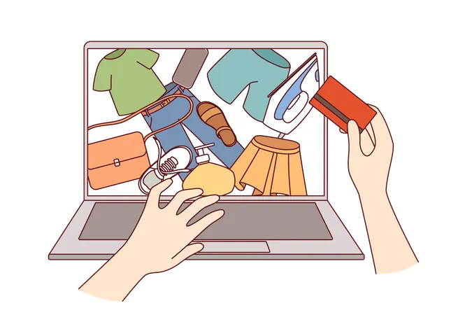 クレジットカードを利用してインターネットでオンラインショッピングや服の注文をする人の手  イラスト