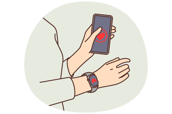 Hands of person with phone and fitness bracelet with heart to track pulse and load on cardio system  Illustration