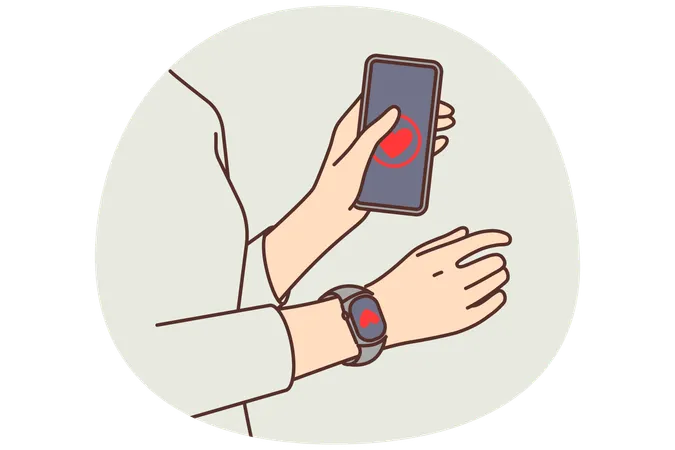 Hands of person with phone and fitness bracelet with heart to track pulse and load on cardio system  Illustration
