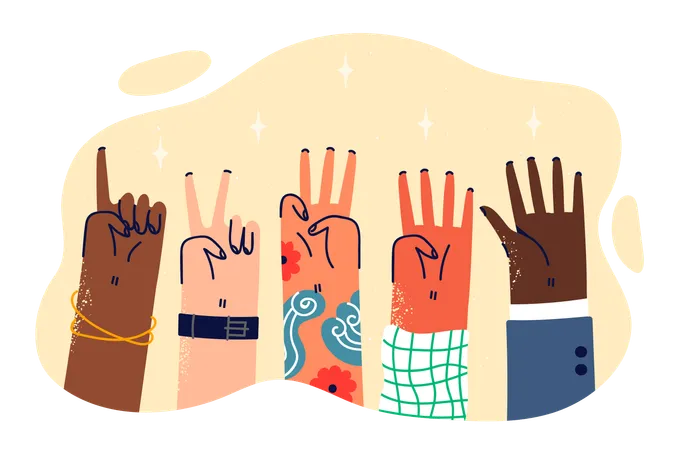 Hands of various people demonstrating numbers from one to five  Illustration