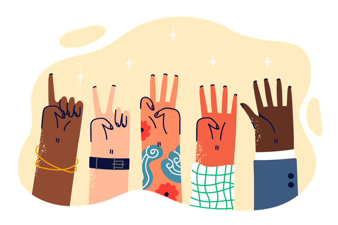 Hands of various people demonstrating numbers from one to five  Illustration