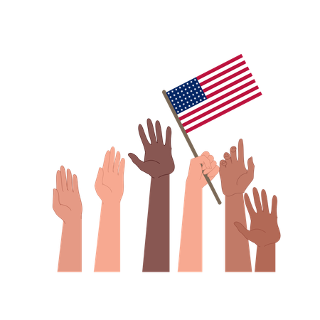 Hands of various skin tones raised together one holding an American flag  Illustration