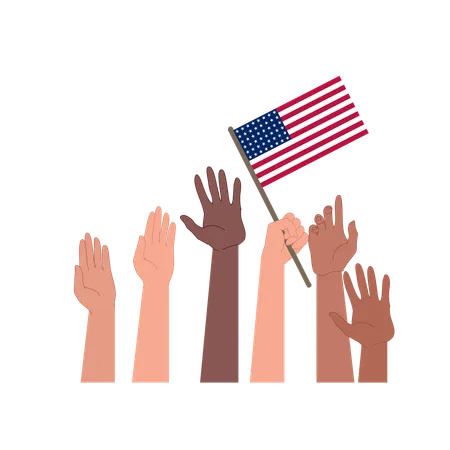 Hands of various skin tones raised together one holding an American flag  Illustration