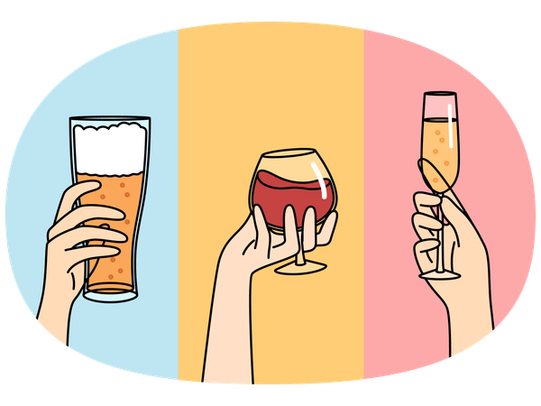 Hands people with glasses filled with alcoholic drinks offering to drink beer  Illustration
