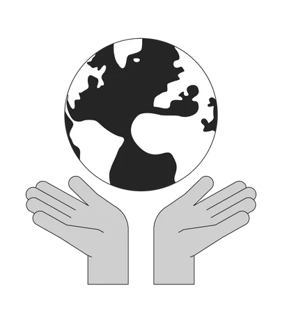 Hands Protect Earth Flat Monochrome Isolated Vector Object Editable Black And White Line Art Drawing Simple Outline Spot Illustration For Web Graphic Design Illustration