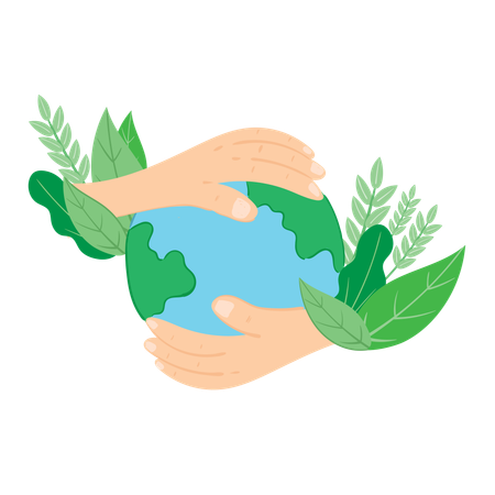 Hands protecting Earth with green leaves around it  Illustration