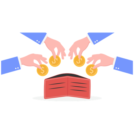 Hands putting coins in wallet  Illustration