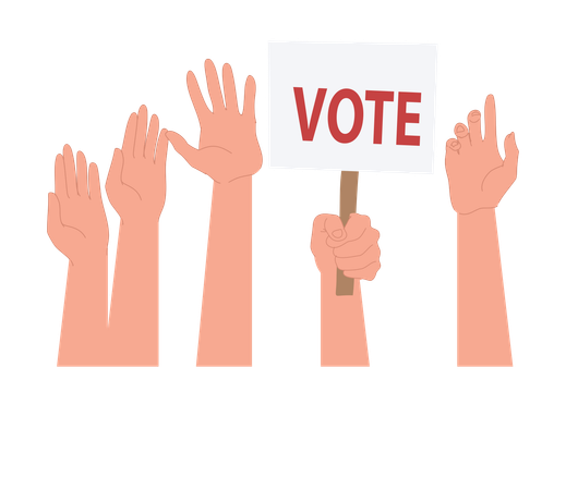 Hands raised in crowd for voting with one hand holding vote sign  Illustration