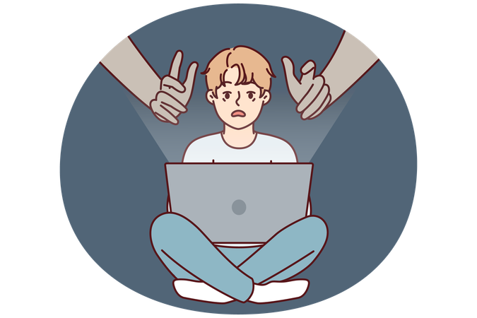Hands reaching out to teenage boy using laptop with internet without parental control  Illustration