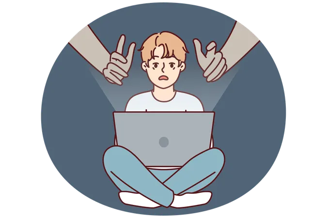 Hands reaching out to teenage boy using laptop with internet without parental control  Illustration