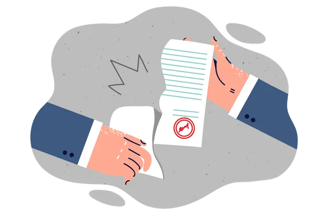 Hands Tearing Business Contract With Seal As Sign Of Termination Of Agreements And Unwillingness To Fulfill Obligations Paper Contract Is Torn Symbolizing Dismissal Of Person Working In Company Illustration