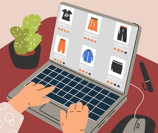 Hands typing on laptop choosing clothes  Illustration