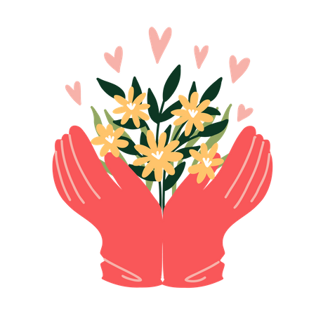 Hands with gloves holding plants  Illustration