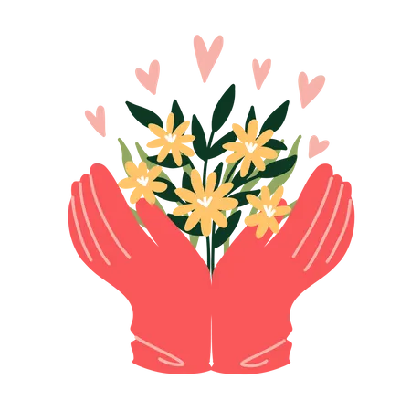 Hands with gloves holding plants  Illustration