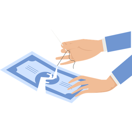 Hands with needle and thread mending a torn blue document financial  Illustration