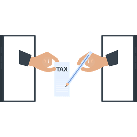 Hands with Pencil and Tax Form Emerging from Tablet Screens  Illustration