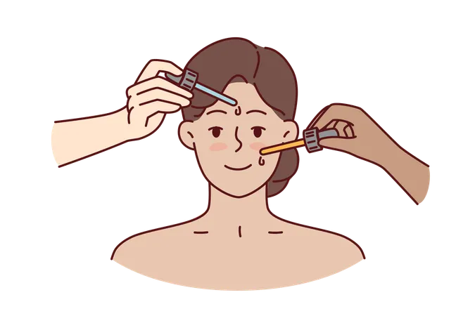 Hands with pipettes near face of woman during cosmetic procedures and lifting to get rid of wrinkles  Illustration