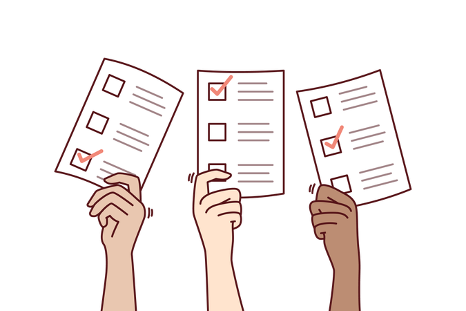 Hands with vote ballot papers during democratic elections among political parties  Illustration