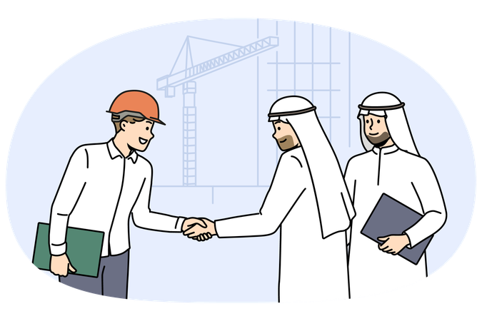 Handshake of arab businessmen and builder from architectural bureau standing near tower crane  Illustration