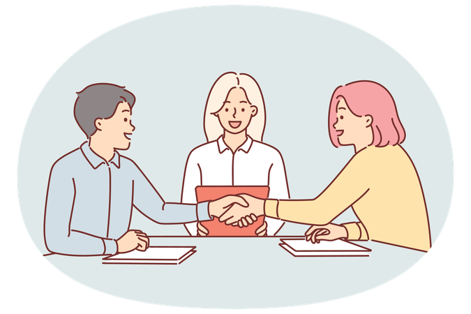 Handshake of business partners sitting at negotiating table  Illustration