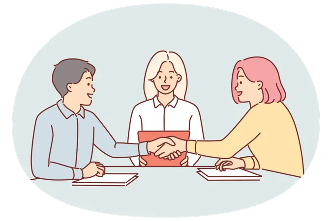 Handshake of business partners sitting at negotiating table  Illustration