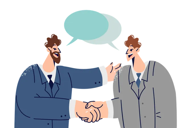 Handshakes Of Two White Collar Workers With Dialogue Clouds Entering Into Partnership Agreement Handshakes Business People When Greeting Or After Concluding Profitable Deal On Long Term Cooperation Illustration
