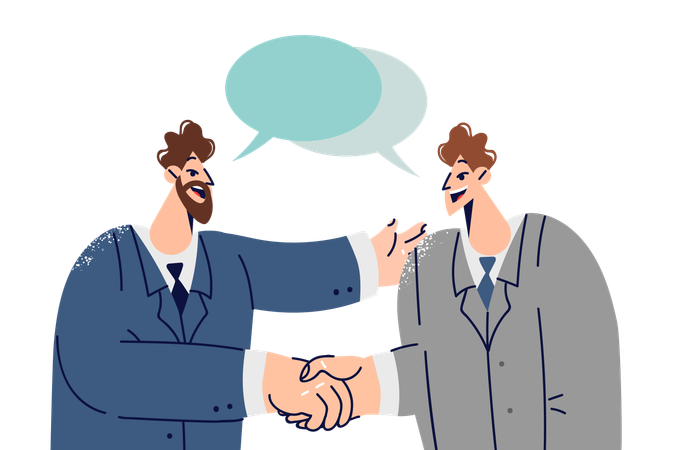 Handshakes of two white collar workers with dialogue clouds entering into partnership agreement  Illustration