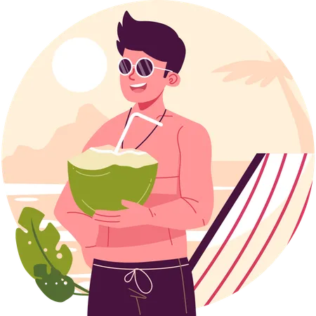 Handsome boy holding coconut in hand  Illustration