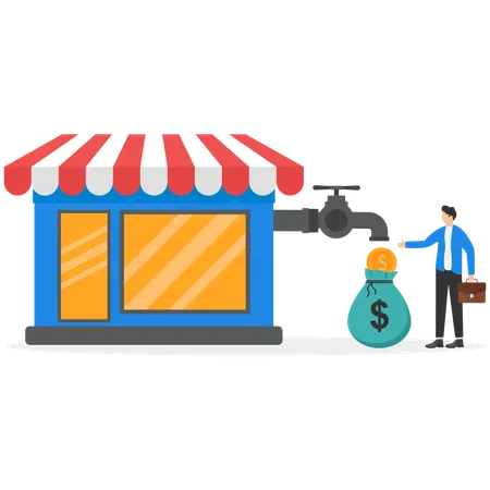 Handsome businessman holding bag and catches falling money  Illustration