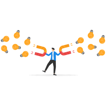 Handsome businessman holds two magnets in hands and attracting idea  Illustration