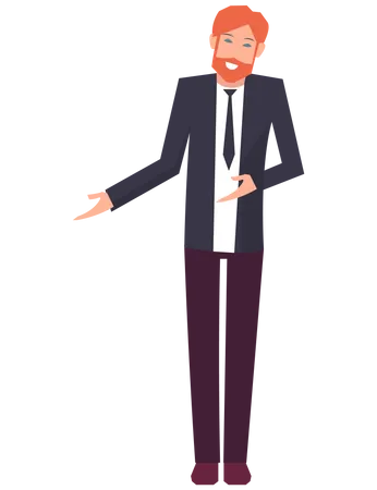 Full Length Portrait Of Handsome Businessman Pointing To Something Isolated On White Background Smiling Man In Business Suit Is Embarrassed Male Employee Of Business Company Smiles And Shows Illustration