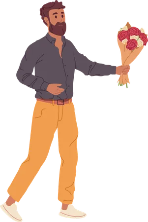 Handsome Brutal Guy Cartoon Character With Bouquet Prepared For International Woman Day On March 8 Isolated On White Background Hipster Funny Man Holding Flowers For Romantic Date Vector Illustration Illustration