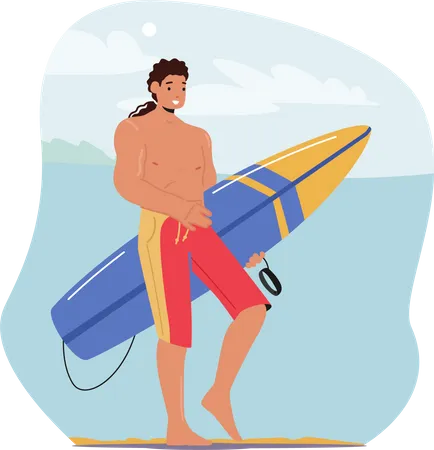 Young Man Surfer In Swim Wear Walk With Board Along Ocean Beach Character Summertime Activity Healthy Lifestyle Vacation Leisure In Exotic Country Surfing Recreation Cartoon Vector Illustration Illustration