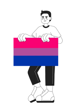 Handsome Man Holds Bisexual Pride Flag Monochromatic Flat Vector Character Editable Thin Line Full Body Young Lgbt Person On White Simple Bw Cartoon Spot Image For Web Graphic Design Illustration