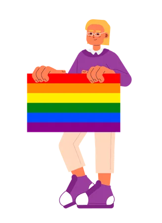 Handsome Man Holds Lgbt Rainbow Pride Flag Semi Flat Color Vector Character Editable Full Body Man Supports Lgbt Community On White Simple Cartoon Spot Illustration For Web Graphic Design 일러스트레이션