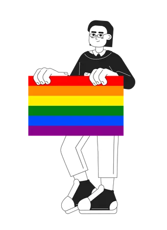 Handsome Man Holds Lgbt Rainbow Pride Flag Monochromatic Flat Vector Character Editable Thin Line Full Body Man Supports Lgbt Community On White Simple Bw Cartoon Spot Image For Web Graphic Design Illustration