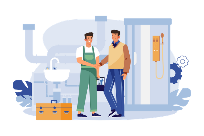 Handsome Plumber and Customer Shaking Hands  Illustration