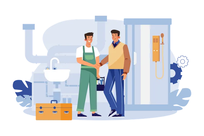 Handsome Plumber and Customer Shaking Hands  Illustration